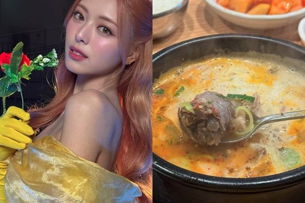 걸그룹 있지 멤버 유나가 드레스를 입고 순대국밥을 먹는 일상을 공유했다. /사진=유나 인스타그램