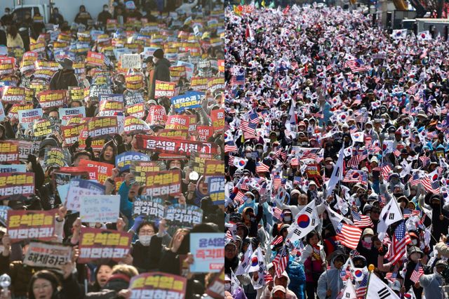 정치권이 앞장서 극단적 대결 구도를 부추기면서 오는 4일 내려지는 헌재의 선고가 통합의 계기가 될지 혹은 또 다른 갈등의 불씨가 될지 주목된다. 사진은 지난달 29일 서울 종로구 동십자각에서 열린 윤석열 즉각 퇴진 사회대개혁 17차 범시민대행진(왼쪽)과 세종대로에서 자유통일당 등 보수단체 회원들이 윤석열 대통령 탄핵 반대 집회를 연 모습. /사진=뉴시스