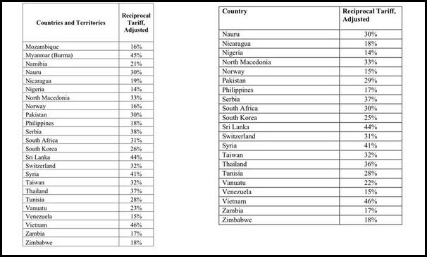 사진은 미국 백악관이 수정하기 전 상호관세 행정명령 부속서(왼쪽)와 수정한 후 부속서(오른쪽). /사진=백악관 홈페이지 캡처
