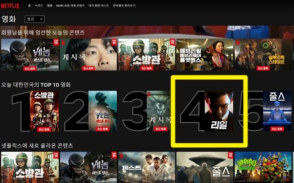 영화 '리얼'이 온라인동영상서비스에서 화제다. 사진은 영화 '리얼'이 넷플릭스 인기 영화 순위 4위를 기록한 모습. /사진=넷플릭스 캡처