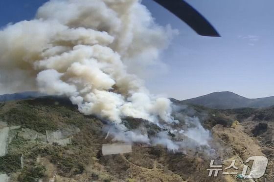 경남 하동 산불 진화율이 65%를 기록했다. 사진은 경남 하동 산불 현장에서 연기가 치솟는 모습. /사진=뉴스1(산림청 제공)
