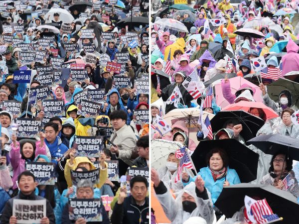 윤석열 전 대통령 파면 이후 첫 갤럽 정당지지도 조사에서 더불어민주당이 국민의힘을 앞섰다. 사진은 기사의 이해를 돕기 위한 헌법재판소의 윤석열 전 대통령에 대한 파면 선고 이후 첫 주말인 지난 5일 서울 종로구 광화문 일대에서 찬반집회가 열리고 있는 모습. 왼쪽은 경복궁 동십자각에서 열린 윤석열 즉각퇴진·사회대개혁 비상행동 주최 '주권자 시민 승리의 날' 집회, 오른쪽은 동화면세점 앞에서 열린 윤석열 전 대통령 지지자들과 자유통일당 등 보수단체 회원들의 탄핵 무효 촉구 집회. /사진=뉴스1