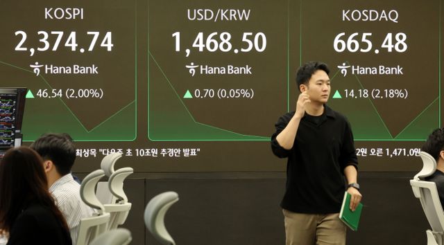  8일 오전 서울 중구 하나은행 본점 딜링룸 전광판에 개장 시황이 나오고 있다. /사진=뉴스1