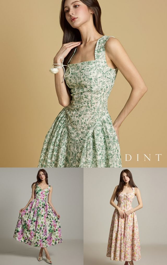 D9537 게더 레이스 원피스(위), D9362 루벤 플라워 원피스(왼쪽), D5246 플라워 홀터넥 원피스. /사진=딘트