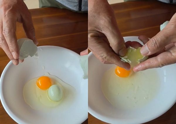 달걀 속에 또 달걀이 들어 있는 '이중 달걀'이 발견됐다. 사진은 충북 괴산군에서 발견된 '이중 달걀'을 깨는 모습. /사진=뉴스1