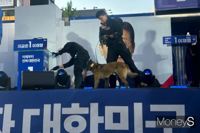  이재명 후보가 유세장에 모습을 드러내자 동성로를 가득 메운 지지자들의 환호성이 울려 퍼졌다. 사진은 13일 대구 유세 현장에서 폭발물 탐지견이 투입된 모습. /사진=김성아 기자