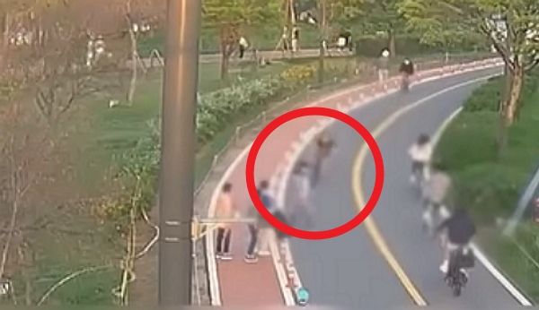 자전거 도로에서 갑자기 튀어나온 여성 보행자와 자전거가 부딪히는 사고가 발생했다. 사진은 지난달 20일 여의도 한강공원에서 자전거 도로로 튀어나온 중년 여성과 자전거 운전자가 부딪히는 모습. /사진=유튜브 채널 '한문철TV' 캡처