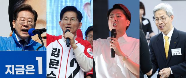 제21대 대통령 선거 공식 선거운동 첫날인 12일 이재명 더불어민주당(왼쪽부터), 김문수 국민의힘, 이준석 개혁신당, 권영국 민주노동당 대통령 후보가 각각 지지를 호소하고 있다. / 사진=뉴스1 안은나 기자,김민지 기자,박정호 기자,민경석 기자