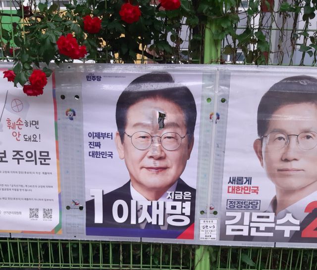 선거 벽보가 훼손된 채로 발견돼 경찰이 조사 중이다. 사진은 지난 16일 오후 6시30분 대구 중구 남산초 외벽에 설치된 더불어민주당 이재명 대통령 후보의 선거 홍보물이 훼손돼 경찰이 수사에 나섰다. /사진=뉴스1