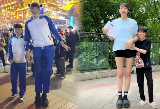 중국에서 키 168cm 남성과 220cm 여성이 2년 넘게 열애 중이며 다음달에 혼인신고할 거라고 밝혔다. 사진은 키 168cm 남성 쯔하오(가명)와 키 220cm 여성 샤오웨(가명)의 모습. /사진=사우스차이나모닝포스트 홈페이지 캡처