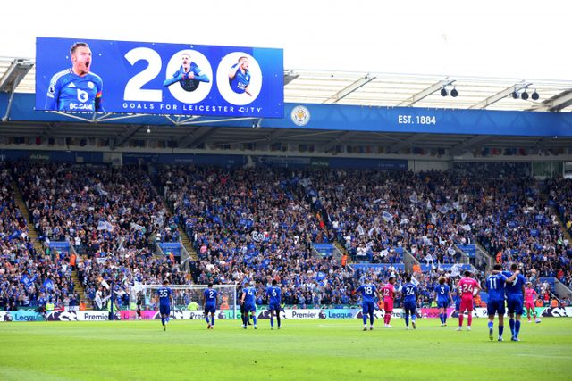 제이미 바디가 마지막 홈 경기에서 200호골을 터트렸다. 사진은 지난 18일(이하 한국시각) 제이미 바디의 200호골을 축하하는 킹파워스타디움의 모습. /사진=로이터