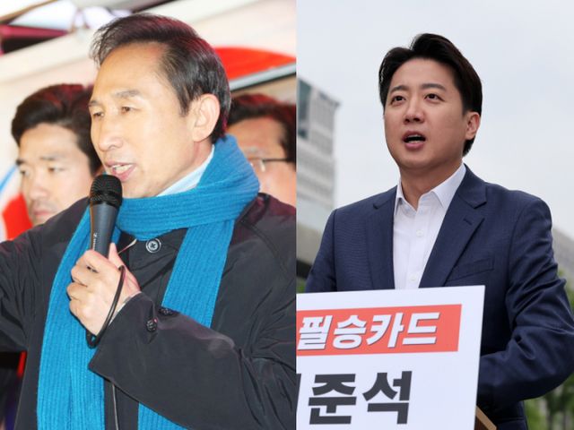 2025년 대선 후보 첫 TV토론에서 이준석 개혁신당 대선 후보가 이명박 전 대통령의 2007년 대선 토론과 유사한 전략을 선보였다는 평가가 나온다. 사진은 2007년 대선 당시 이명박 전 대통령(왼쪽)이 투표를 하루 앞두고 청계광장에서 유세를 하는 모습과 이준석 후보(오른쪽)가 19일 청계광장에서 기자 회견을 하는 모습. /사진=머니투데이DB, 개혁신당 