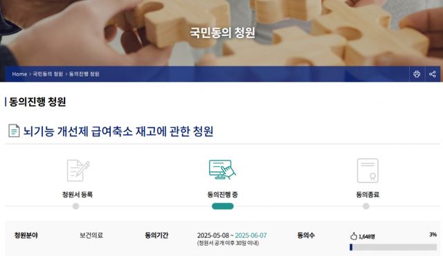 콜린알포세레이트의 건강보험 급여 축소가 대법원 판결로 확정되며 환자 본인 부담 증가와 함께 치매·경도인지장애 환자들의 혼란이 커지고 있다. /사진=국회 국민동의 청원 캡처