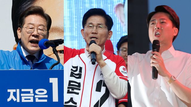 제21대 대통령 선거 공식 선거운동 첫날인 12일 이재명 더불어민주당(왼쪽부터), 김문수 국민의힘, 이준석 개혁신당 대통령 후보가 각각 지지를 호소하고 있다. / 사진=뉴스1 안은나 기자, 김민지 기자, 박정호 기자 