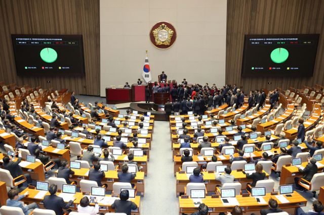 더불어민주당이 대통령 당선 시 '내란·외환의 죄'를 제외한 모든 형사재판을 정지할 수 있도록 형사소송법 개정을 추진한다. 사진은 국민의힘 의원들이 지난 1일 오후 서울 여의도 국회에서 열린 본회의에서 우원식 국회의장이 최상목 경제부총리 겸 기획재정부 장관 탄핵소추안을 추가상정하는 의사일정 변경동의의 건을 상정 및 의결하자 항의하는 모습. /사진=뉴스1