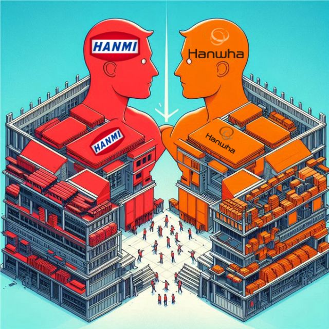 한미반도체와 한화세미텍의 갈등이 특허 소송을 넘어 두 그룹 전체로 확전되고 있다. /사진=MS AI 이미지