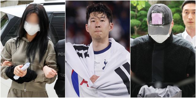 한국 축구 국가대표팀 주장 손흥민 선수를 상대로 아이를 임신했다며 협박하고 금품을 요구한 일당이 구속 상태로검찰에 넘겨졌다. 사진은 토트넘 손흥민이 22일(한국시각) 스페인 빌바오 산 마메스 경기장에서 열린 2024-25 유럽축구연맹(UEFA) 유로파리그(UEL) 결승전 맨체스터 유나이티드와 경기에서 1대0 승리 후 우승을 확정짓고 기뻐하는 모습과 지난 17일 손흥민을 상대로 돈을 받아내려 협박해 공갈 혐의를 받는 20대 여성 양모씨(왼쪽)· 40대 남성 용모씨(오른쪽)가 서울 서초구 서울중앙지방법원에서 열린 영장실질심사에 출석한 모습. /사진=로이터 및 뉴스1