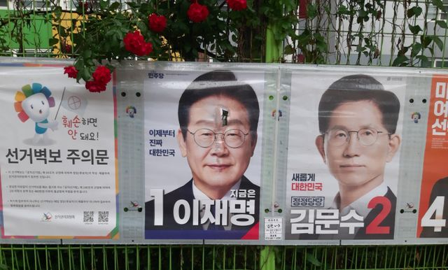 충북 청주에서 선거 벽보를 훼손한 남성이 검거됐다. 사진은 지난 16일 대구에서 훼손된 채 발견된 이재명 더불어민주당 후보 벽보(가운데). /사진=뉴스1 