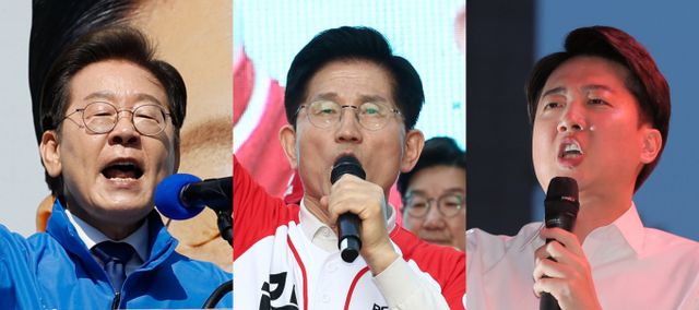6·3 조기대선을 12일 앞둔 가운데 이재명 더불어민주당 대통령 후보와 김문수 국민의힘 후보의 지지율 격차가 한 주 만에 22%p(포인트)에서 9%p로 급격히 줄어들었다. 사진은 지난 12일 이재명 더불어민주당, 김문수 국민의힘, 이준석 개혁신당 대통령 후보가 각각 서울 청계광장, 대구 서문시장, 서울 청계광장에서 지지를 호소하는 모습. /사진=뉴스1
