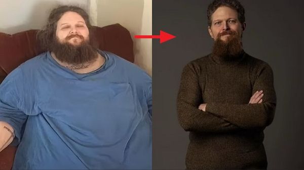 DDP 요가를 통해 140㎏ 감량에 성공한 미국인 남성 켄 도어가 비법을 공개했다. 사진은 미국인 남성 켄 도어가 체중 244㎏ 시절 모습과(왼쪽) 140㎏ 감량에 성공한 모습. /사진=현지 매체 캡처