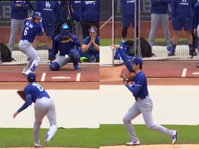 오타니 쇼헤이가 김헤성 등을 상대로 시즌 첫 라이브 피칭을 소화했다. 사진은 26일(한국시각) 시즌 첫 라이브 피칭에서 김혜성을 잡아낸 오타니 쇼헤이의 모습. /사진=LA다저스 엑스(X·옛 트위터) 캡처