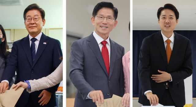 사진은 왼쪽부터 이날 사전투표에 참여한 이재명, 김문수, 이준석 후보. /사진=뉴시스