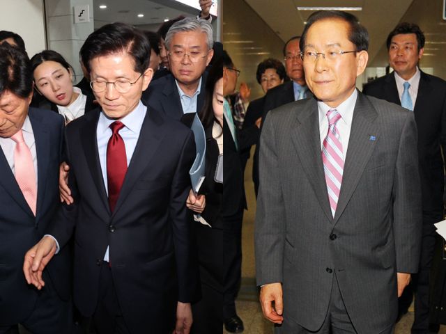 김문수 국민의힘 대선 후보가 당무우선권을 단일화 요구 조건으로 내걸자 야권 통합 논의가 시작부터 주도권 싸움으로 흐르고 있다. 오른쪽은 지난 6일 대선후보 일정을 중단한 김 후보의 모습, 왼쪽은 이회창 자유선진당 대표가 사퇴 기자회견을 하고 나오는 모습. /사진=뉴시스, 머니투데이DB