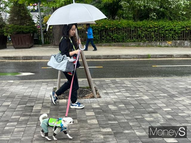 반려견 순찰대가 안전지킴이로서의 역할을 하고 있다. 사진은 지난 1일 서울 광진구 아차산역 부근에서 반려견 순찰대 활동을 하고 있는 조해정씨와 반려견 스타. /사진=이다빈 기자