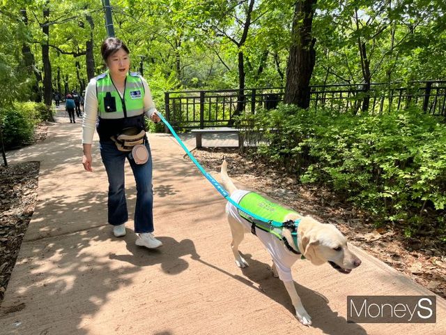 2일 오후 서울 노원구 불암산 공원에서 권순아씨가 반려견과 순찰하고 있다. /사진=이다빈 기자