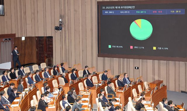 지난 1일 서울 여의도 국회에서 열린 제424회 국회(임시회) 제7차 본회의에서 2025년도 제1회 추가경정예산안이 통과되고 있다./사진=뉴시스
