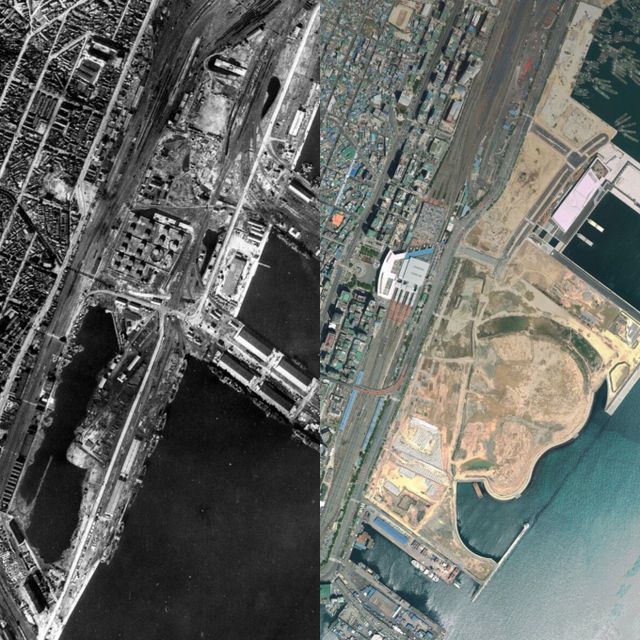 1950년 부산역(북항)위성사진(왼쪽)과 2015년 부산역(북항) 위성사진(오른쪽) /사진=부산광역시시 제공