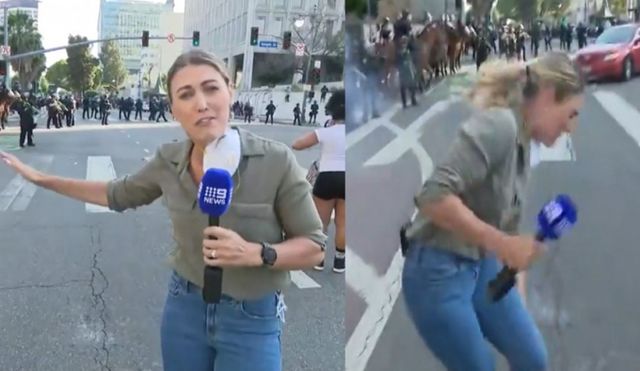 호주 총리가 미국 캘리포니아주 로스앤젤레스(LA) 불법 이민 단속 반대 시위 현장을 취재 중이던 자국 기자가 경찰이 쏜 고무탄에 맞은 사건을 언급하며 미국 행정부에 문제를 제기했다고 밝혔다. 사진은 LA 시위 현장을 취재 중이던 나인뉴스 미국 특파원인 로런 토머시 기자의 모습. /사진=나인뉴스 방송화면 캡처 