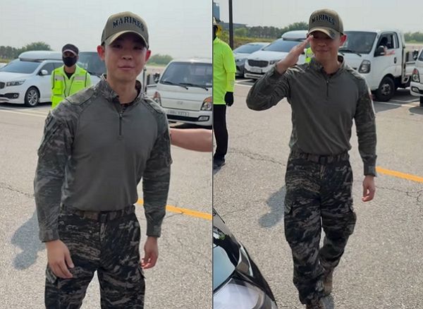 방송인 김구라의 아들 김동현의 해병대 복무 근황이 전해졌다. 사진은 방송인 김구라 아들 김동현이 해병대 행사장에서 시민들과 인사를 나누는 모습. /사진=아놀드 리 인스타그램 캡처