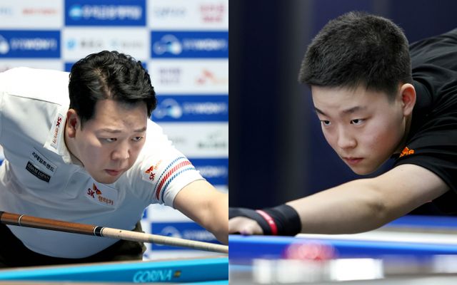 PBA를 대표하는 강자들이 개막전 64강에 진출했다. 사진은 지난 18일 경기 고양 킨텍스 PBA스타디움에서 열린 우리금융캐피탈 PBA-LPBA 챔피언십 2025 PBA 128강에 출전한 강동궁(왼쪽)과 김영원의 모습. /사진=프로당구협회(PBA) 제공