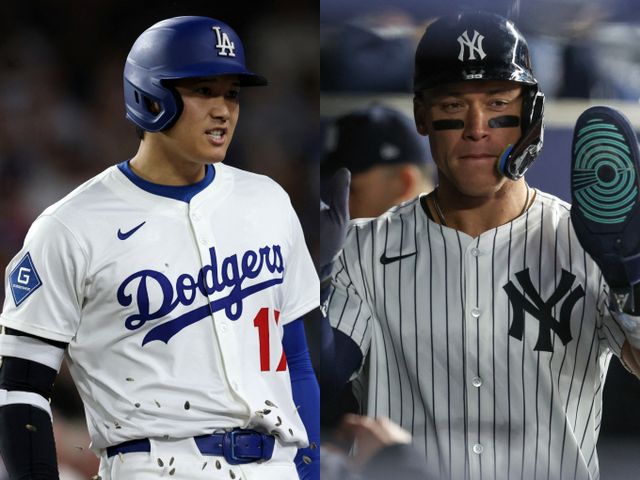 애런 저지와 오타니 쇼헤이가 각각 내셔널리그와 아메리칸리그 올스타 팬 투표 1위에 올랐다. 사진은 LA다저스에서 활약 중인 오타니(왼쪽)와 뉴욕 양키스에서 활약 중인 저지의 모습. /사진=로이터