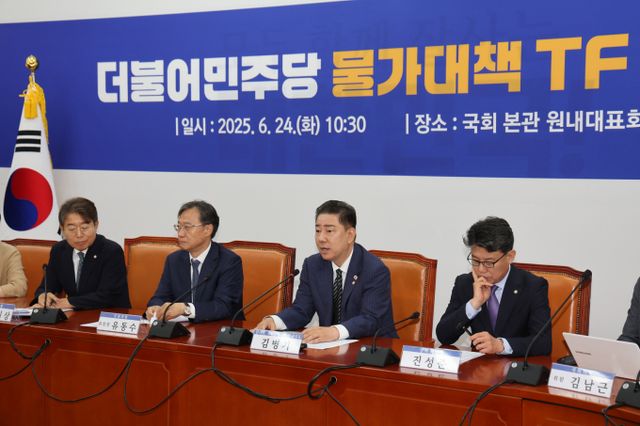 더불어민주당이 민생물가 안정을 위한 본격 대응에 나섰다. 사진은 김병기 더불어민주당 대표 직무대행 겸 원내대표가 24일 오전 서울 여의도 국회에서 열린 물가대책TF 출범식에서 발언하고 있는 모습. /사진=뉴시스