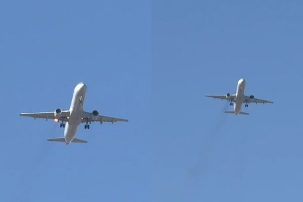 미국 라스베이거스 해리 리드 국제공항에서 아메리칸항공 여객기 한 대가 엔진에서 불꽃이 튀어 긴급 회항했다. 사진은 아메리칸항공 여객기에서 연기가 피어오른 모습. /사진=ABC뉴스 유튜브 화면 캡처