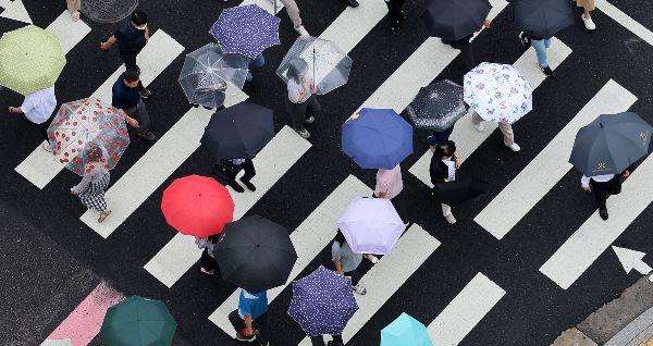 주말에는 전국에 장맛비가 오락가락 내리겠다. 사진은 장마전선 영향으로 비가 내린 지난 25일 오후 서울 중구 서울시청 인근에서 시민들이 우산을 쓰고 이동하고 있는 모습. /사진=뉴시스