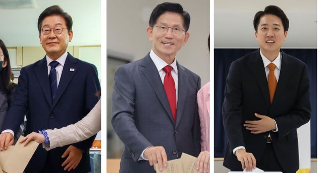 지상파 방송 3사가 실시한 제21대 대선 출구조사 결과 이재명 대선 후보가 김문구 국민의힘 후보를 두 자릿수 넘게 따돌린 것으로 예측됐다. 사진은 사전투표에 참여한 (왼쪽부터) 이재명, 김문수, 이준석 후보. /사진=뉴시스