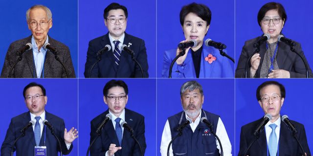 이 당선인은 선거 내내 분열과 갈등의 시대를 마감할 '통합 대통령'을 자임하며 중도·보수층으로의 외연 확장에 공을 들였다. 사진은 지난 4월30일 서울 여의도 국회 의원회관에서 열린 '더불어민주당 제21대 대통령선거 중앙선거대책위원회 출범식'에서 상임 총괄선대위원장을 맡은 윤여준 전 환경부 장관(윗 사진 왼쪽부터)과 박찬대 당대표 직무대행 겸 원내대표, 총괄선대위원장을 맡은 강금실 전 법무부 장관, 정은경 전 질병관리청장, 김부겸 전 총리(아래 사진 왼쪽부터), 김경수 전 경남지사, 김동명 한국노총위원장이 각오를 밝히고 있는 모습. /사진=뉴스1