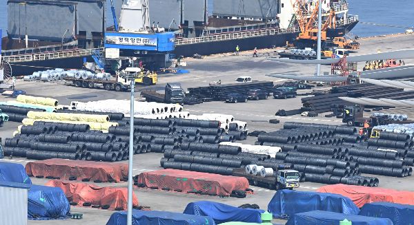 도널드 트럼프 미국 대통령이 미국으로 수입되는 외국산 철강·알루미늄 제품에 부과 중인 관세를 현행 25%에서 50%로 인상한다고 밝힌 행정명령이 공식 발효됐다. 사진은 지난 1일 경기 평택시 포승읍 평택항 수출 야적장에 철강 제품이 쌓여 있는 모습. /사진=뉴시스