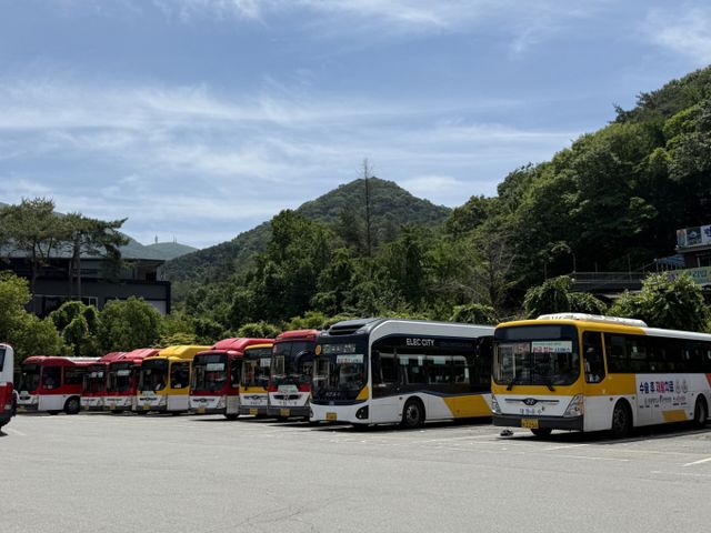 버스노조가 준법투쟁에 돌입한 지 사흘째인 8일 광주 동구 무등산 증심사역 인근 차고지에 시내버스가 대기하고 있다. /사진=뉴스1 김태성 기자