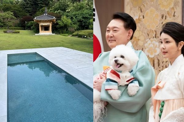 윤석열 전 대통령 부부가 머물던 한남동 관저에서 '개 수영장'으로 추정되는 수조가 발견돼 논란이 일었다. 사진은 박홍근 더불어민주당 의원이 공개한 한남동 관저 야외에 설치된 수조와(왼쪽) 윤석열 전 대통령이 반려견을 안고 있는 모습. /사진=박홍근 더불어민주당 의원 페이스북, 대통령실
