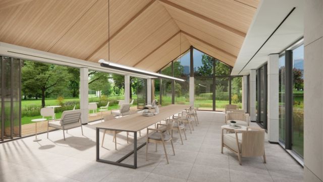 GS건설이 목재와 철골 하이브리드 구조로 만든 '모듈러'를 자이아파트 내 티하우스와 부대시설에 적용한다. 사진은 '양산자이 파크팰리체'에 적용 예정인 모듈러 '티하우스' 투시도. /사진=GS건설