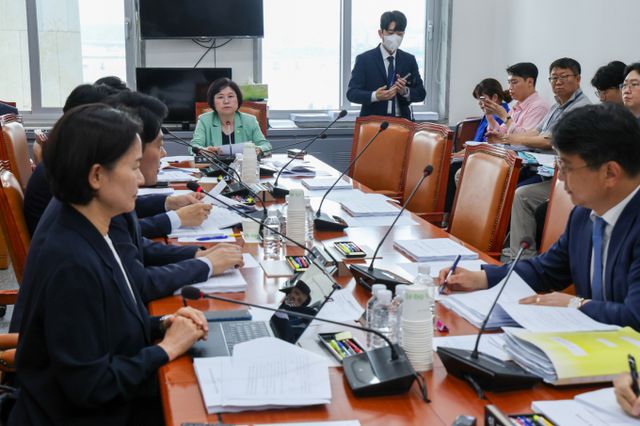 공영방송 이사회를 확대하고 지배구조를 손보는 내용을 담은 방송법·방송문화진흥회법·한국교육방송공사법 개정안 이른바 '방송 3법'이 여당 단독으로 국회 과학기술정보방송통신위원회 법안심사소위원회를 통과했다. 사진은 국회 과학기술정보방송통신위원회 정보통신방송법안심사소위원장인 김현 간사(더불어민주당·경기 안산시을)가 2일 오후 서울 여의도 국회에서 국민의힘 불참 속 방송 3법 심사를 위해 제426회국회(임시회) 제2차 법안심사소위 회의를 주재하고 있는 모습. /사진=뉴스1