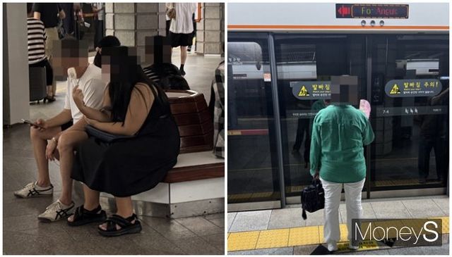 지난달 30일 오후 2시 서울 지하철 3호선 안국역과 경복궁역 승강장 온도는 각각 31.2도, 32.0도 였다. 사진은 안국역(왼쪽)과 경복궁역(오른쪽)에서 시민들이 더위를 식히는 모습. /사진=이동윤 기자