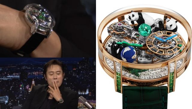 넷플릭스 오리지널 시리즈 '오징어 게임'의 배우 이병헌이 미국 인기 토크쇼 '지미 팰런쇼'에 출연했을 당시 착용한 시계가 화제다./사진=지미 팰런쇼 공식SNS, Jacob & Co 홈페이지 캡처