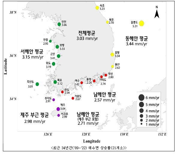 최근 34년간 해수면 상승 분포도