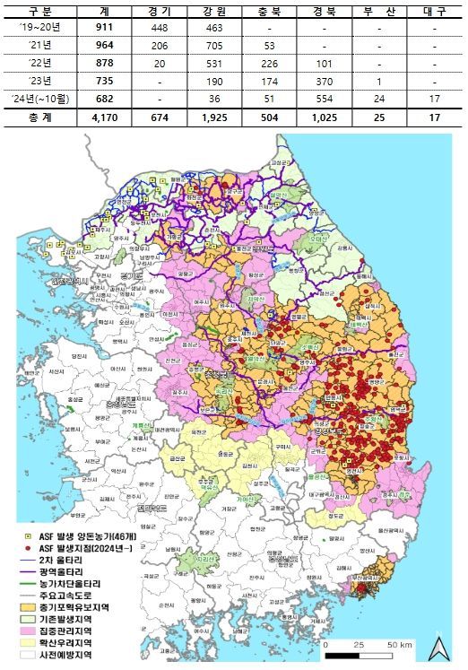 야생멧돼지 아프리카돼지열병 발생현황(24.10.31 기준)