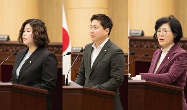 18일 열린 제294회 제2차 정례회 제3차 본회의에서 각각 결의안 및 건의안을 발의하고 5분 자유발언을 실시한 박은정 최찬규 박은경 의원의 모습.